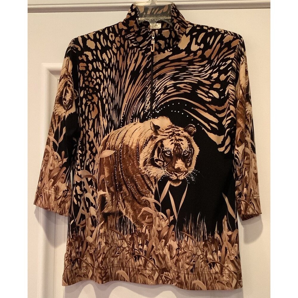 Vtg Jackets Galore By John Farah Top Size Large Leopard Print Bling 3/4 Sleeves